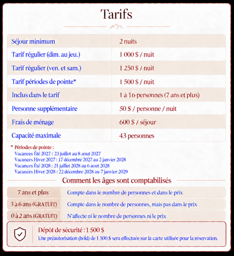 Tarifs du Manoir pour la saison 2026-27